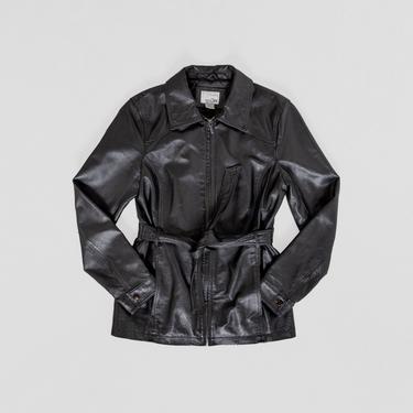 BLACK LEATHER BLAZER Vintage Jacket Coat Belted Zipper Woman 90's / Small 