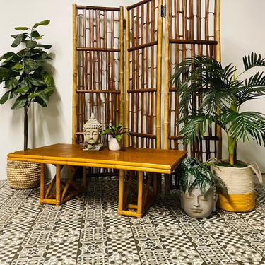 Tiki Bamboo Rattan Coffee Table, Vintage Bamboo Coffee Table, Boho Living Room Furniture 