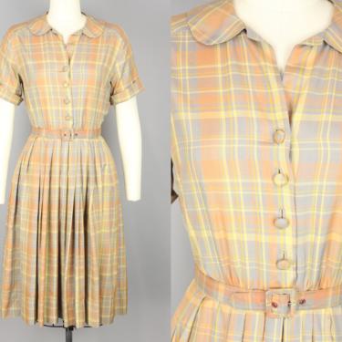 1950s Shirtwaist Dress with Belt | Vintage 50s Autumnal Plaid Silk Day Dress | small 