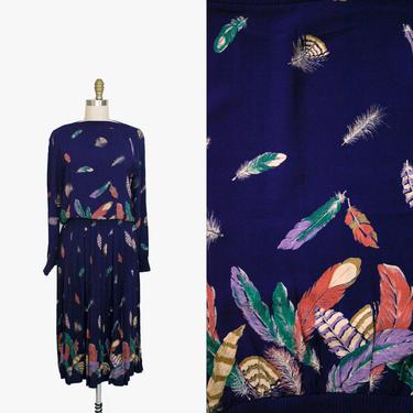 Vintage 1980s Feather Novelty Print Two Piece Skirt Set - Purple Long Sleeve Slash Neck - Purple Feather Skirt - Women's Medium 