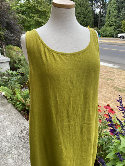 Chartreuse green linen frock Eileen Fisher modern minimalist dress simple Hatties Vintage Clothing Portland OR