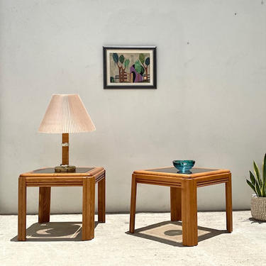 Oak and Glass 1980s Side Tables