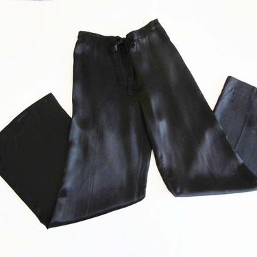 Vintage Black Satin Pants 25 Small - 1970s High Waist Wide Leg Pants-  Silky Shiny Satin Trousers - Drawstring Waist - Disco Pants 