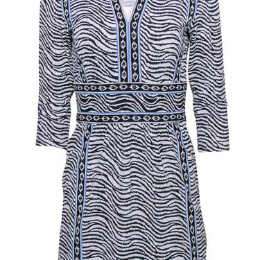 J. McLaughlin - White, Black &amp; Blue Zebra Print Sheath Dress w/ Printed Trim Sz XS