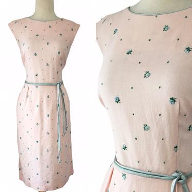 1960s Rosebud Embroidered Wiggle Dress 