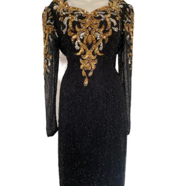Vintage gold sequin dress, gold beaded gown, full length dress, keyhole back black tie formal cocktail gown size medium m 10 / 12  Eur 40 