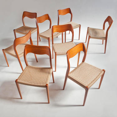 Niels Møller Model 71 teak dining chairs by J.L Møllers Møbelfabrik. Set of 8. Made in Denmark with woven Danish Paper cord seats. 