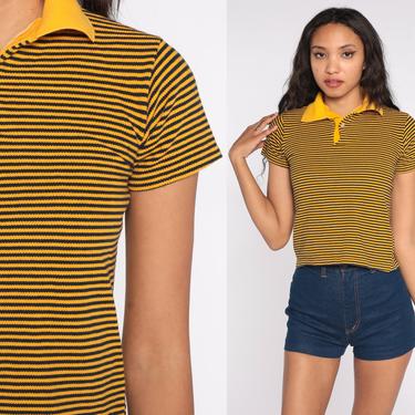 Yellow Polo Shirt 80s Striped Shirt Black Half Button Up Shirt Retro Tshirt Collared Preppy 1980s Nerd Vintage Short Sleeve Extra Small xs 