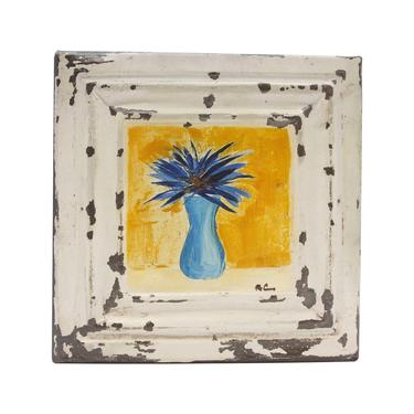 Blue &#038; Orange Floral Vase Hand Painted Antique Tin Panel