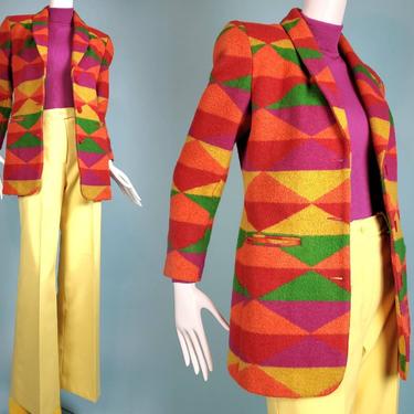 Vintage 80s/90s sportcoat by Neiman Marcus. Colorful wool blend. Geometric. Padded shoulders. Size small. 
