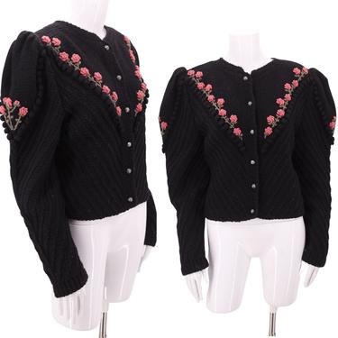 1980s AUSTRIAN folk embroidered black cardigan sweater L / vintage 