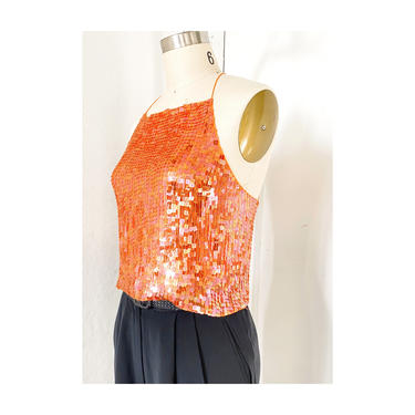 Orange Sequin Halter Top, Vtg DKNY Silk, Halter Top Sequins, SZ S, Tops for party, Sequined top, Sequin tops, Orange silk halter 