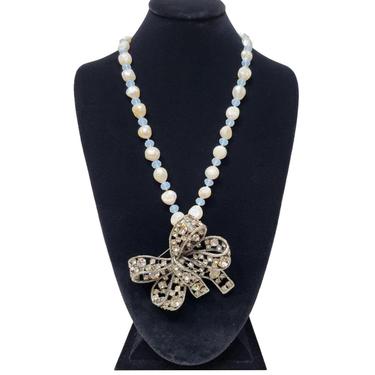 Kenneth Lane Crystal Bow Pin on Baroque Pearl Necklace 