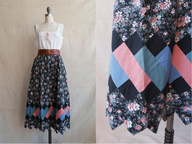 Vintage Floral Patchwork Midi Skirt 1980s High Waisted Prairie Quilt Bottle of Bread Baltimore MD