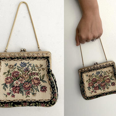 Vintage Carpet Tapestry Bag Purse Chenille 1960s Floral 