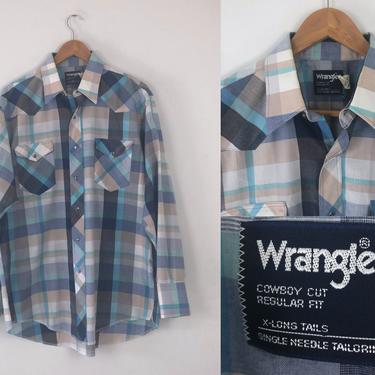 1980s Vintage Blue Tone Wrangler Western Pearl Snap Shirt - Size L by HighEnergyVintage