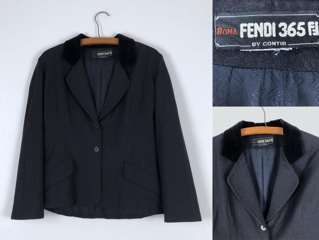 Vintage Fendi Charcoal Grey Coat online with Velvet Trim 1980s