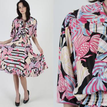 Colorful Koi Fish Print / Vintage 80s Graphic Ruffle Dress / Womans 1980s Tassel Tie Dress / Pink V Neck Japanese Inspired Mini Dress 