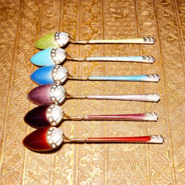Antique Art Deco Sterling Silver Guilloche Enamel Demitasse Spoon Set (6), Colorful Decorative Tea Spoons, Scandinavian, Marked 930S 