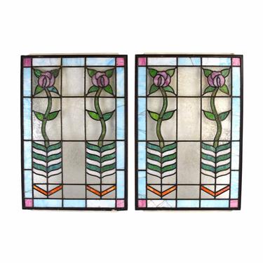 Pair Antique Art Nouveau Art Deco Stained Glass Windows Vertical Flowers 