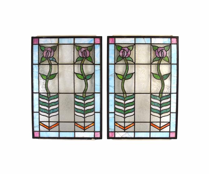 Pair Antique Art Nouveau Art Deco Stained Glass Windows Vertical Flowers From Prairieland Art Antiques Of Glenview Il Attic