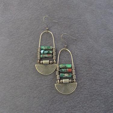 Imperial jasper earrings, green tribal chandelier earrings, unique ethnic earrings, modern Afrocentric earrings, boho chic earrings 