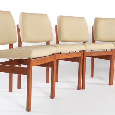 Floating Seat Dining Chairs in Walnut and Original Vinyl in the Manner of Jens Risom, USA 