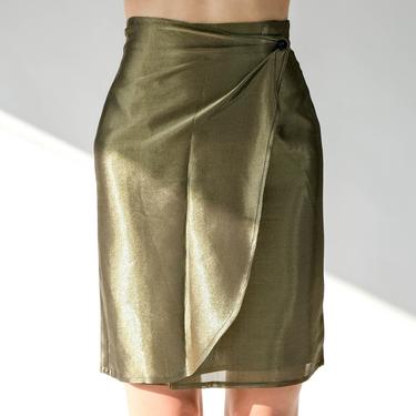Vintage 80s Giorgio Armani Shimmering Gold Silk Blend High Waisted Skirt w/ Jewel Button Wrap | Made in Italy | 1980s Armani Designer Skirt 