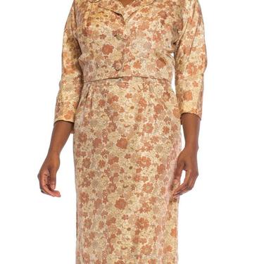 1950S Beige  Brown Silk Indian Floral Print Dress Jacket Ensemble 