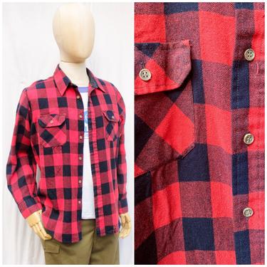 Vtg 70’s Sears Red and Black Plaid Flannel Shirt / Mens XL 