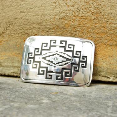 Vintage Native American Sterling Silver Belt Buckle, Ornate Engraved Geometric Designs, Oxidized Silver Design, Rectangular Buckle, 3&amp;quot; W 