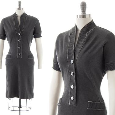 Vintage 1950s Shirt Dress | 50s Grey Knit Wool Sheath Wiggle Shirtwaist Sweater Dress with Pockets (small/medium) 