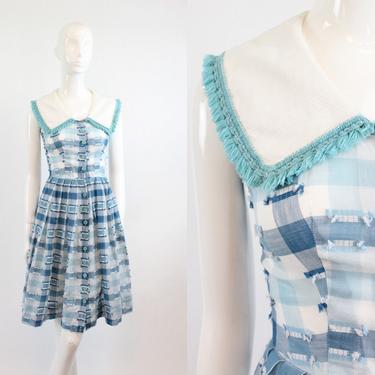 1950s cotton fringe and check dress xxs | vintage sailor collar dress 