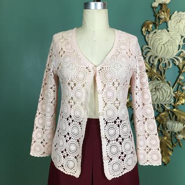 1970s crochet sweater, pink knit top, vintage cardigan, small medium, vintage sweater, asian style, 1970s cardigan, see through, boho style 