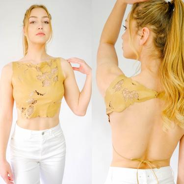 Vintage 90s Richard Tyler Couture Tan Leather Macrame Embroidered Halter Top | Made in USA | 100% Genuine Leather | 1990s Designer Blouse 