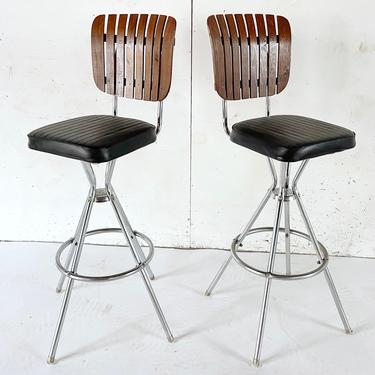 Pair Mid-Century Modern Slat Back Barstools 