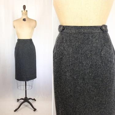 Vintage 50s skirt | Vintage charcoal grey wool pencil skirt | 1950s dark gray century of Boston wrap skirt 