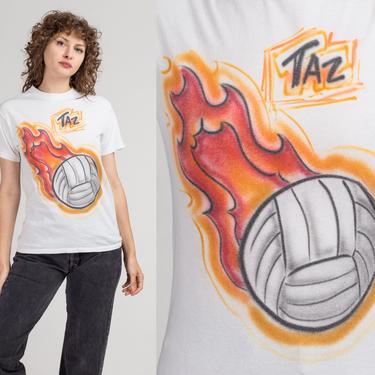 90s &amp;quot;Taz&amp;quot; Graffiti Volleyball T Shirt - Small | Vintage White Air Brush Graphic Tee 