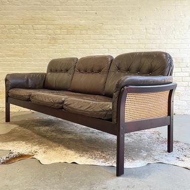 Mid Century Modern CANED + TUFTED Leather SOFA / Couch 