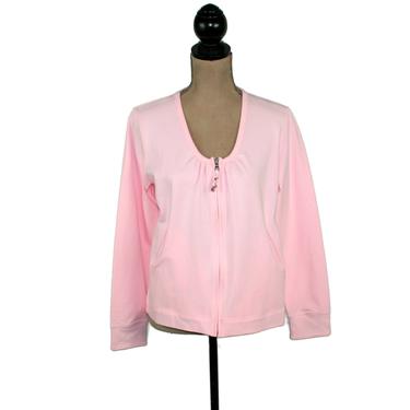 Y2K Zip Up Pink Jacket Medium, Organic Cotton Jersey Knit, Yoga Jogging Warm Up, Casual Clothes for Women 