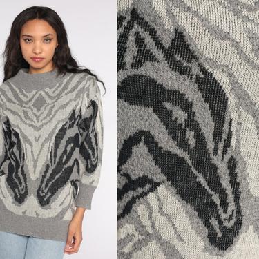 80s Statement Sweater 80s Abstract Horse Print 1980s Metallic Knit Jumper Pullover Funnel Neck Sweater Grey Black Zebra Print Extra Small XS 