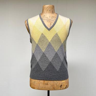 Vintage 1960s Ballantyne Cashmere Sweater Vest, Yellow/Gray Argyle V-Neck Pullover, Made for Chalmer's, Medium 42&amp;quot; Chest 