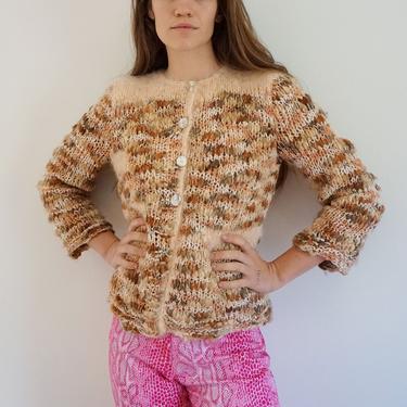 Hand Knit Angora and Wool Pink Knit with Abalone Buttons Made in France Sweater Vintage Cardigan 