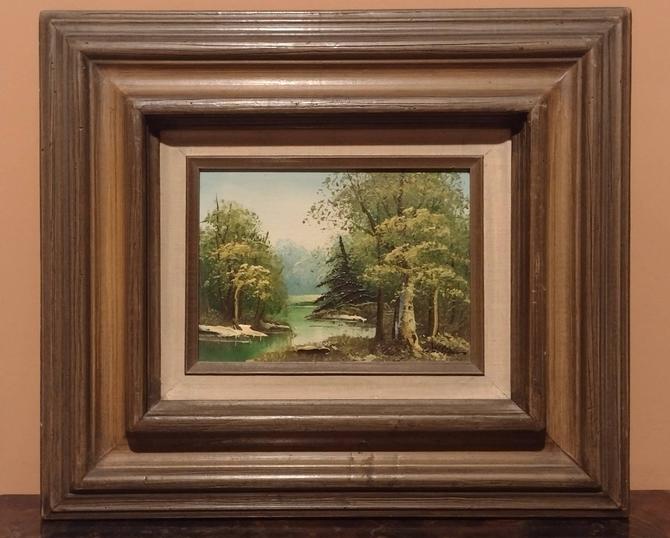 Vintage Artist Signed Waterscape hot Barn and Lake Oil Painting 13