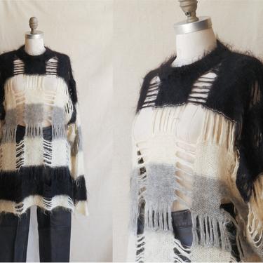 Vintage 80s MATSUDA Box Cut Knit Sweater/ 1980s Black White Grey Open Weave Wool Pullover/ Matsuda Nicole/ Size M L 