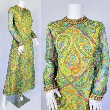 Pyschedelic 1960's Lime Green Paisley Print Chiffon Maxi Dress I Jeweled Collar I Sz Med 