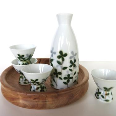 Vintage Fine Porcelain Sake Set From Japan, Hakusan 5 piece Sake Cup And Pitcher Set, Floral Asian Liquor Set 