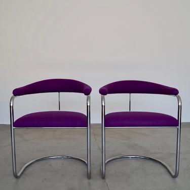 Pair of Stunning Mid-century Modern Bauhaus Arm Chairs by Anton Lorenz in Chrome - Reupholstered in Purple Wool! 