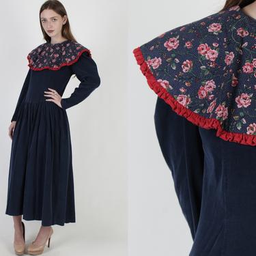 Vintage 80s Blue Corduroy Dress Calico Floral Collar Folk Prairie Porch Maxi 