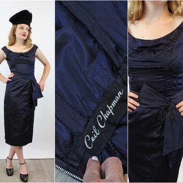 1950s CEIL CHAPMAN navy silk DRAPED dress xs | new spring 
